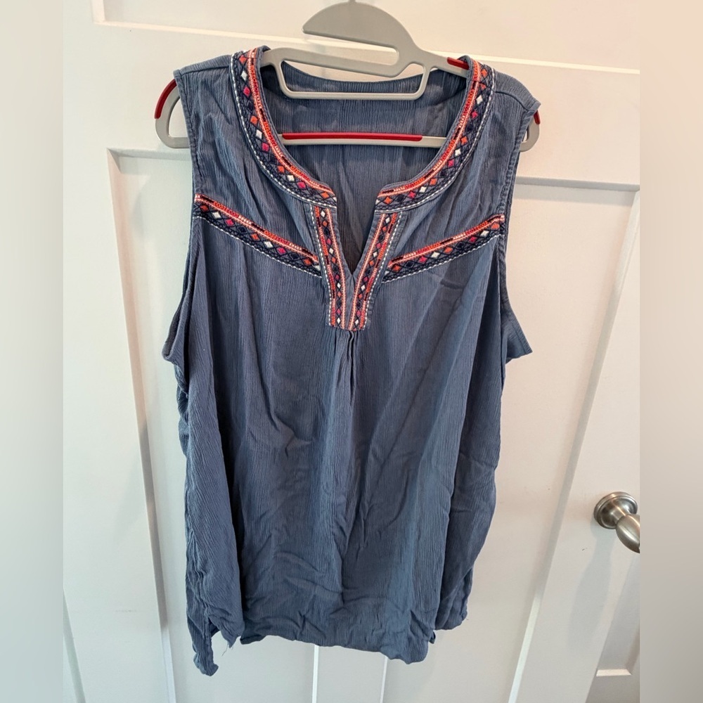 ANA Embroidered Sleeveless Boho Top Blue Crinkle Blouse Women 1X